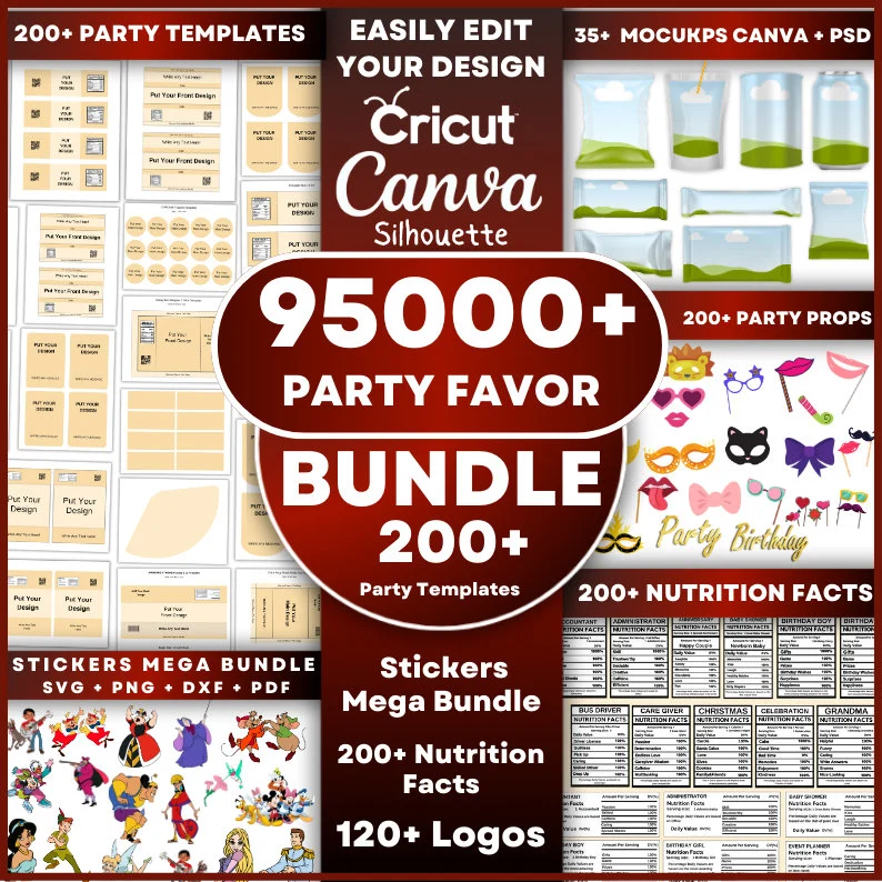 95000+ Party Favor Templates Bundle, Water Bottle Labels, Chip Bag Template, party favours, Chocolate Bar, Capri Sun Labels, Nutrition Facts
