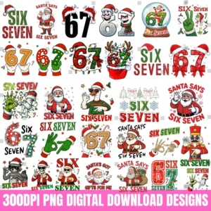 Funny Christmas Six Seven PNG Bundle, 6 7 Meme Xmas Bundle Png, Viral Gen Alpha Meme Designs, Santa Says Six Seven png, Brainrot png