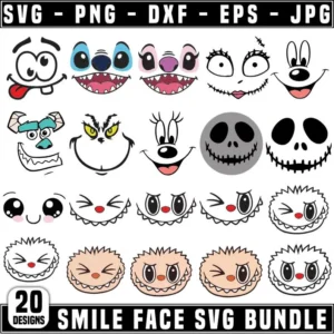 Smiley Face SVG Pack, Jack Skellington Stitch Olaf PNG, Monsters Inc Mike Sulley Clipart, Cute Face Cricut Cutting Files