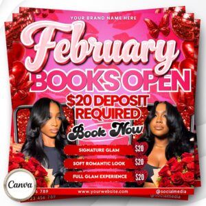 February Booking Flyer, Valentines Day Booking Flyer, February Booking, Holiday Deals Flyer, Makeup Hair Lashes Nails, DIY Canva Editable